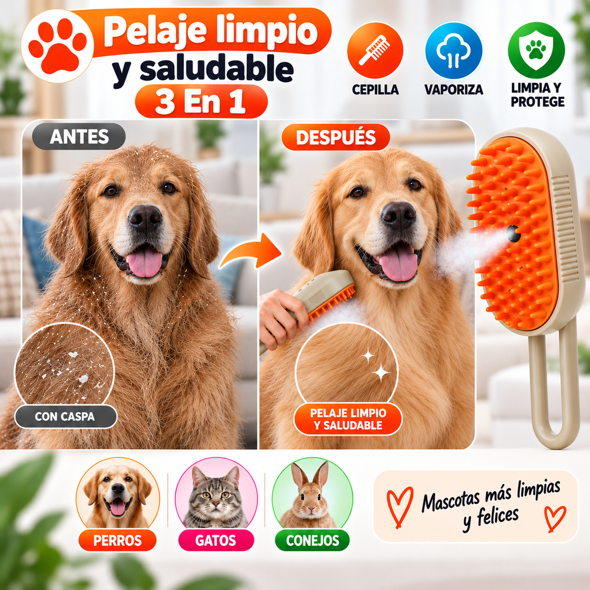 Cepillo De Vapor Para Mascotas 3 En 1