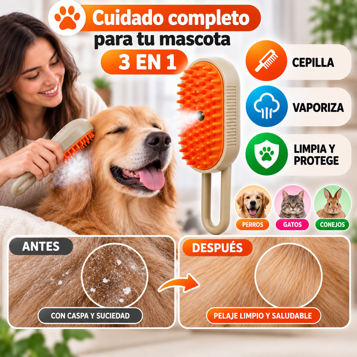 Cepillo De Vapor Para Mascotas 3 En 1